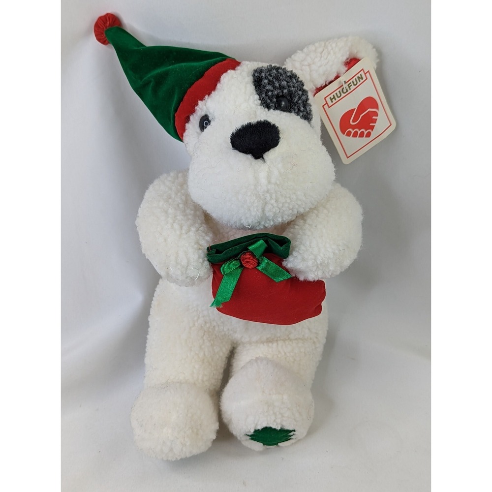Hugfun Christmas Dog Plush White‎ Gray 11 Inch Stocking Cap Stuffed Animal Toy